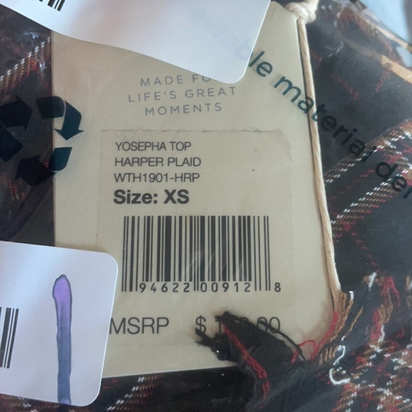 FAHERTY NWT YOSEPHA TOP HARPER PLAID BLACK RED SHORT SLEEVE XS RUFFLE - Picture 4 of 7
